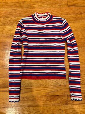 The Vintage Shoppe Red, White & Blue Striped Cropped Mock Neck Sweater (Size S)